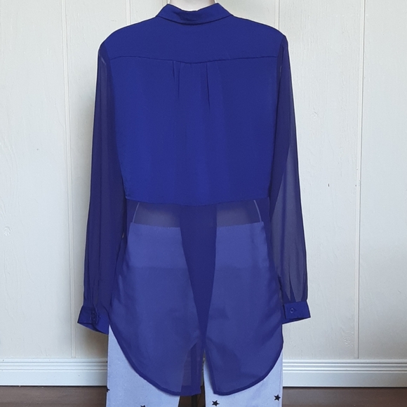 FREE PEOPLE Button Down Sapphire Blue Sateen & Sheer Slightly Fitted SZ Small - Picture 4 of 7